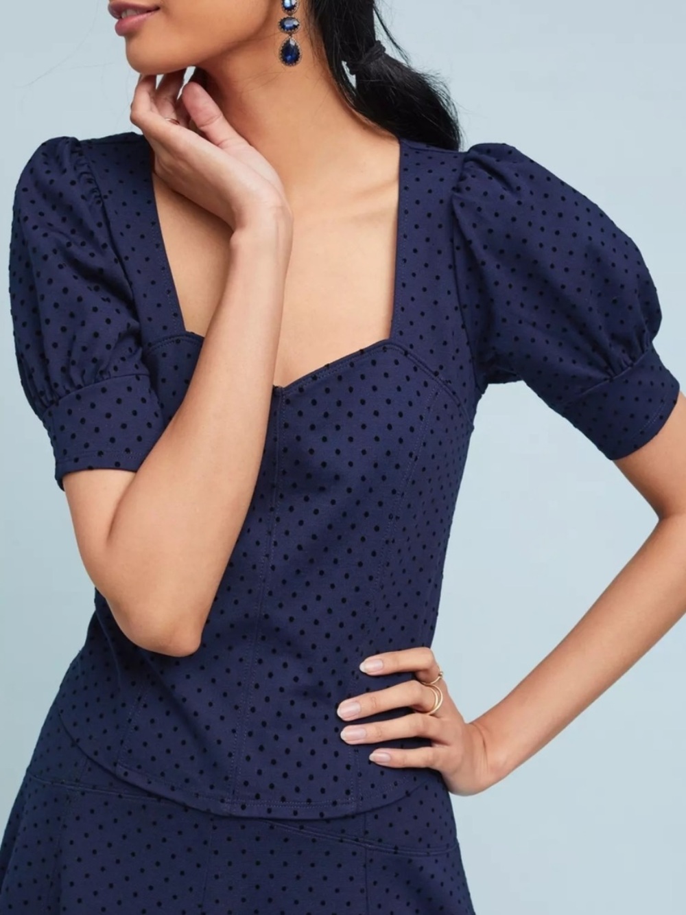 Maeve by Anthropologie Sevigny Polka Dot ponte puff top, EUC, size L